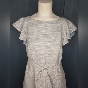 Gal Meets Glam Tweed Flutter Sleeve Belted Midi Dress Blue Cream Size 6 NWOT
